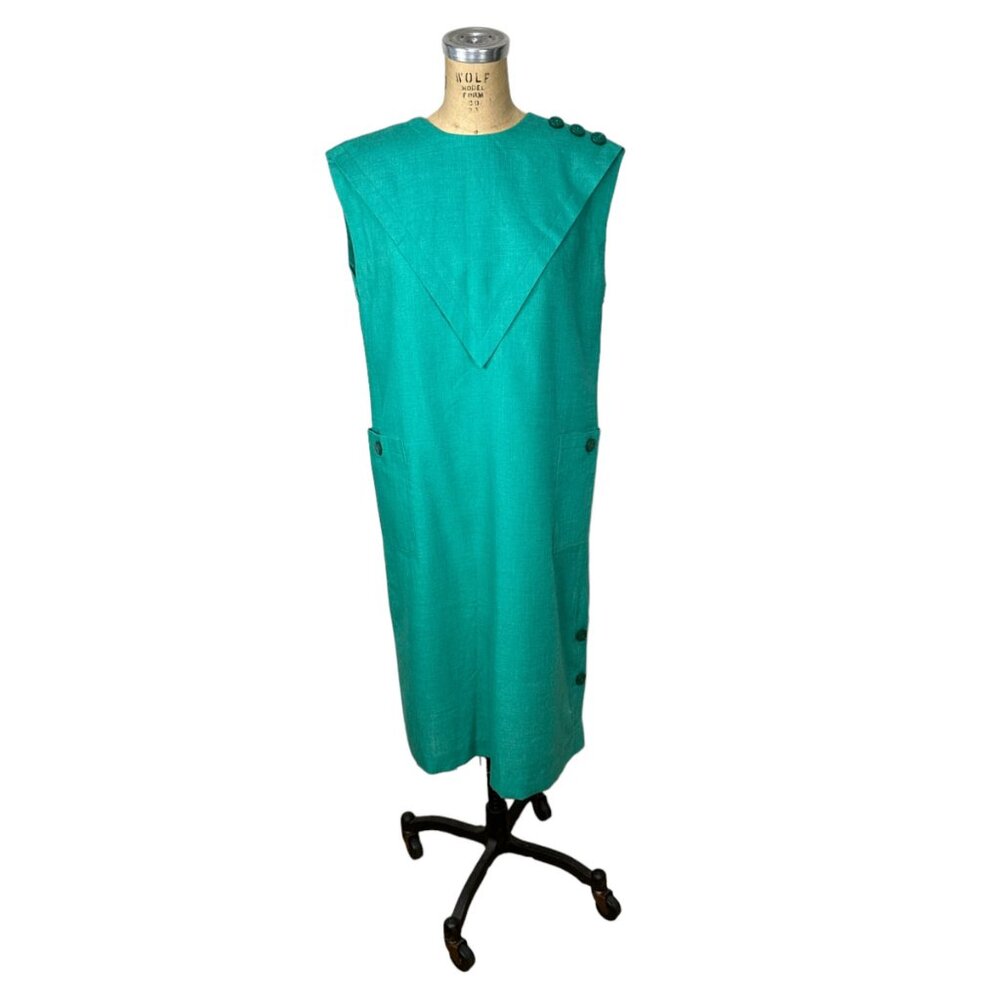 1980s green linen dress with shoulder buttons and pockets by Leslie Fay Size M/L - Picture 7 of 8